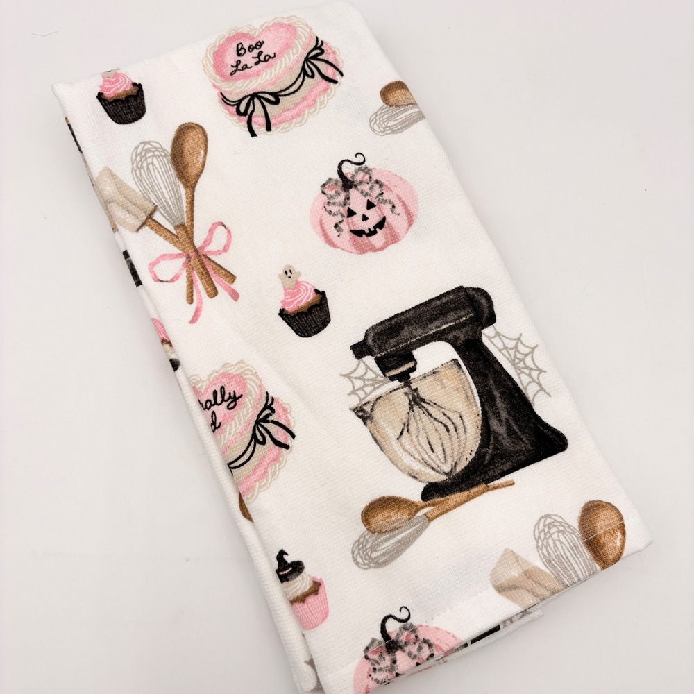 Living Essentials Spook Collection Pink Halloween Baking Kitchen Towels Set of 2